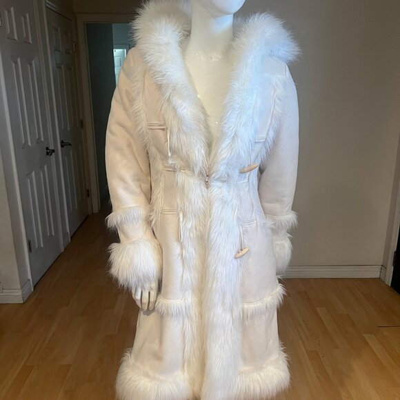 Y2K BEBE FAUX FUR MIDI HOODED COAT SIZE S SMALL WHITE - Picture 2 of 6